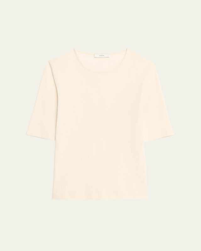 Ribbed Elbow-Sleeve Crewneck Top